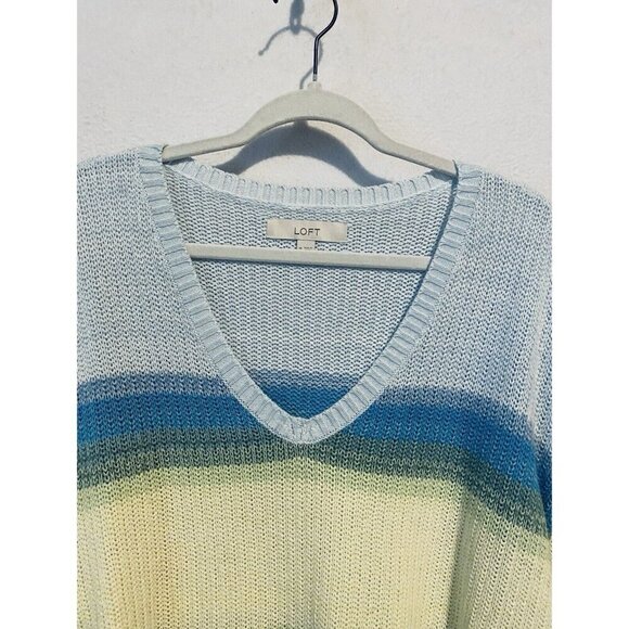 LOFT Sweater Womens XL Ombre Striped V Neck Long Sleeve Cotton Blend Beachy Boho - Picture 3 of 8